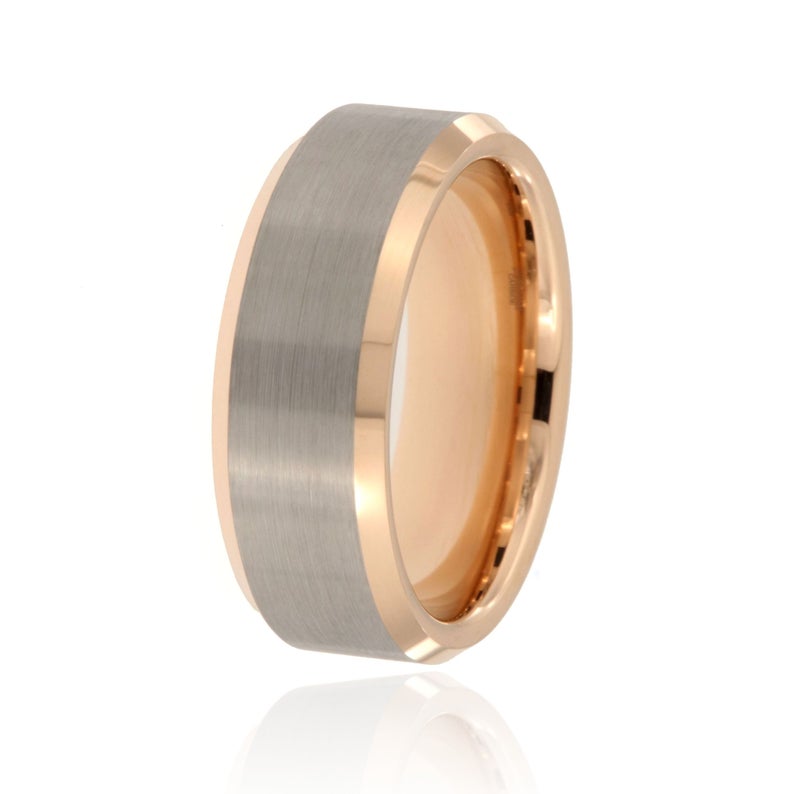 8mm wide rose gold tungsten ring with gray center and beveled edges