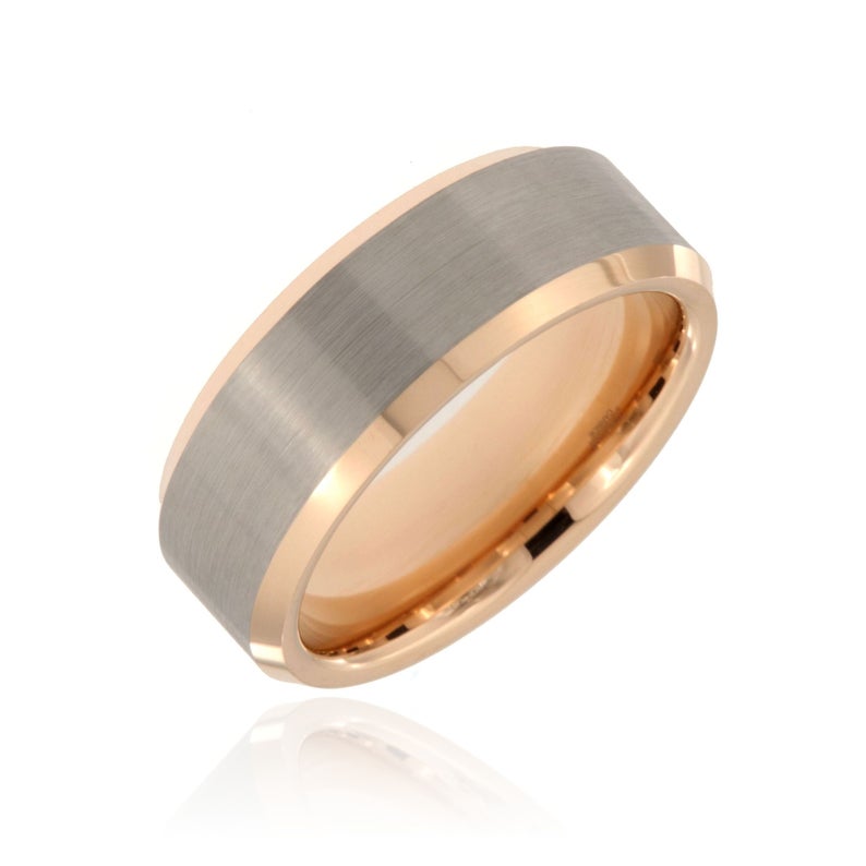 8mm wide rose gold tungsten ring with gray center and beveled edges