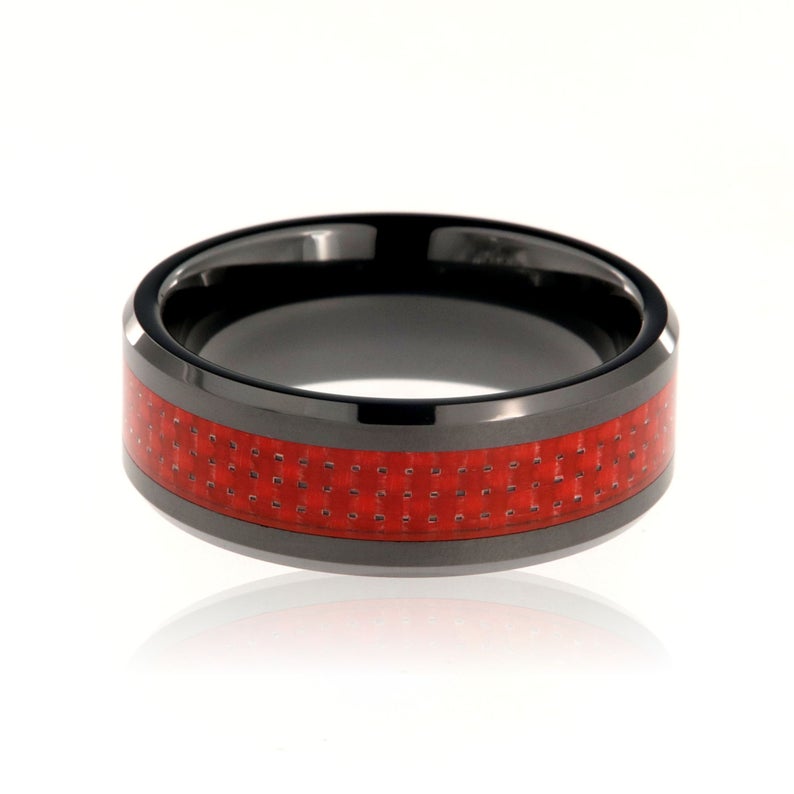 8mm wide black tungsten ring with red carbon fiber inlay and beveled edges