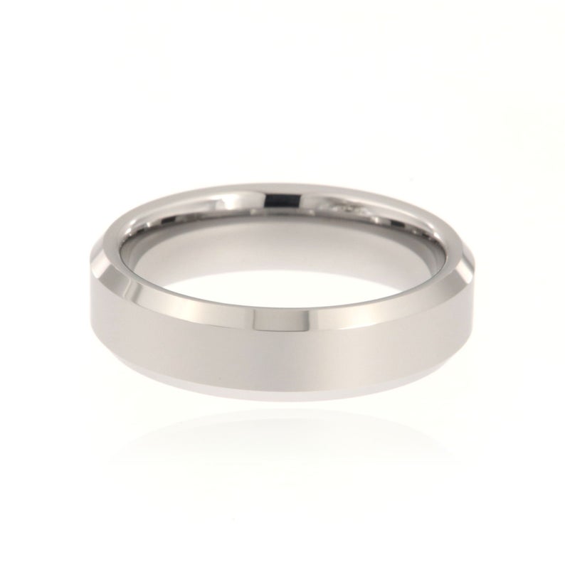 6mm wide tungsten ring with a polish finish and beveled edges