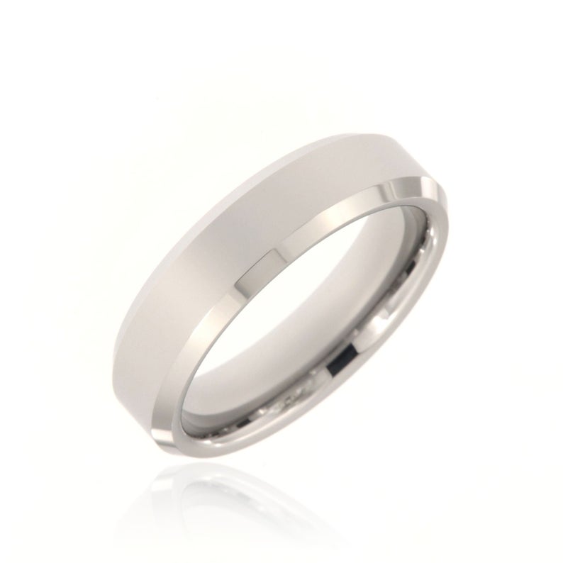 6mm wide tungsten ring with a polish finish and beveled edges
