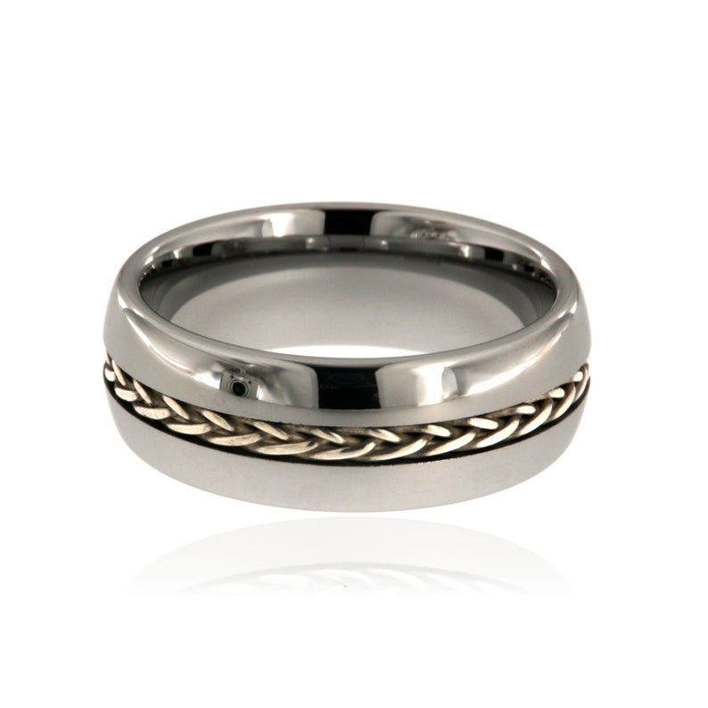 8mm wide tungsten ring with a braided sterling silver inlay and high polish finish