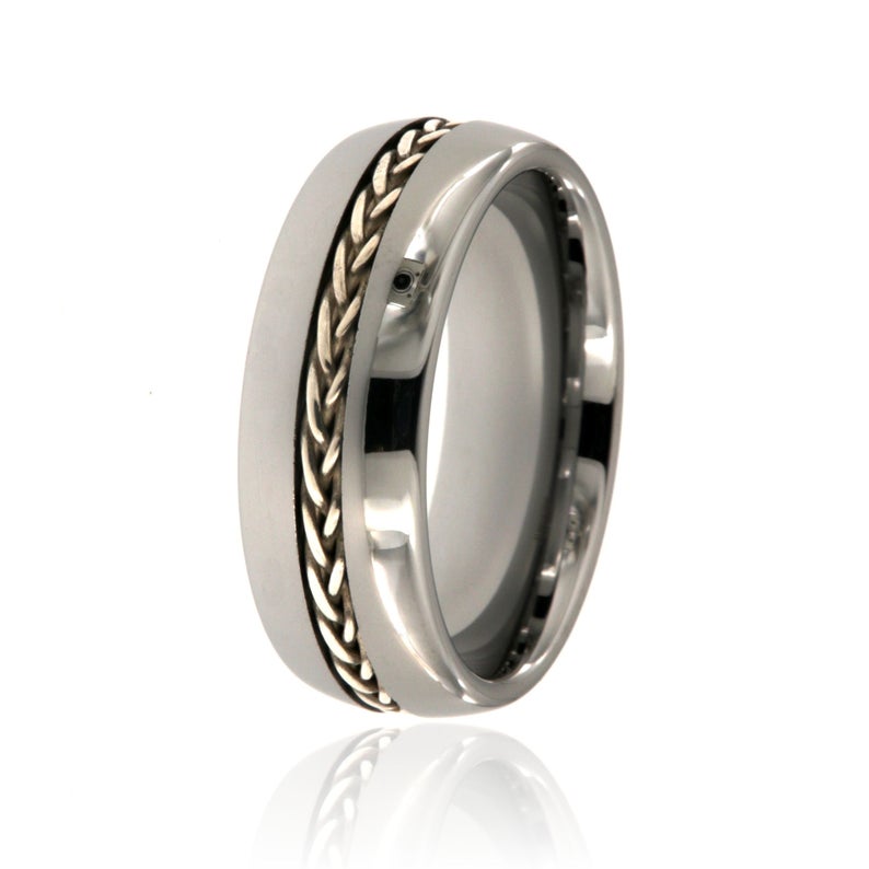 8mm wide tungsten ring with a braided sterling silver inlay and high polish finish