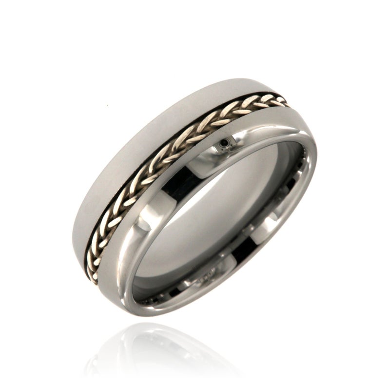 8mm wide tungsten ring with a braided sterling silver inlay and high polish finish