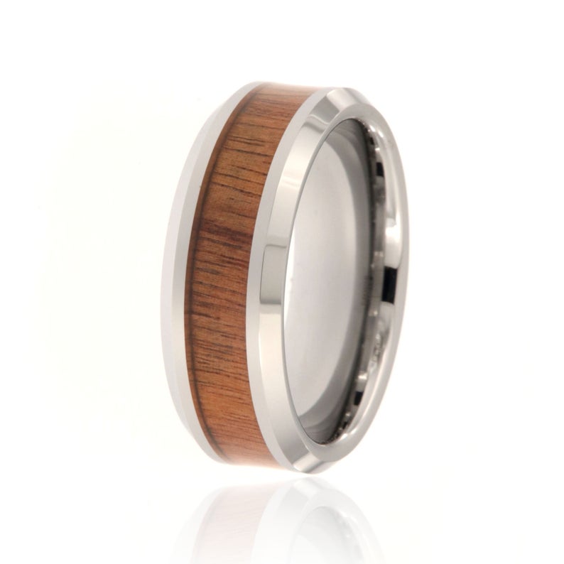 8mm wide tungsten ring with a wood inlay and beveled edges