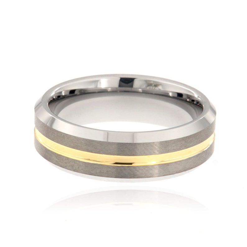 7mm wide tungsten ring with a 1mm wide yellow gold finish inlay and beveled edges