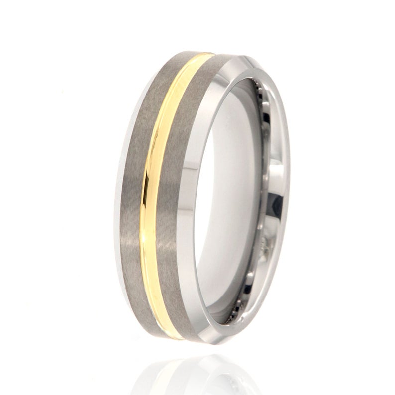 7mm wide tungsten ring with a 1mm wide yellow gold finish inlay and beveled edges