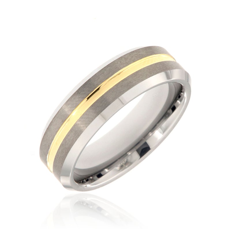 7mm wide tungsten ring with a 1mm wide yellow gold finish inlay and beveled edges