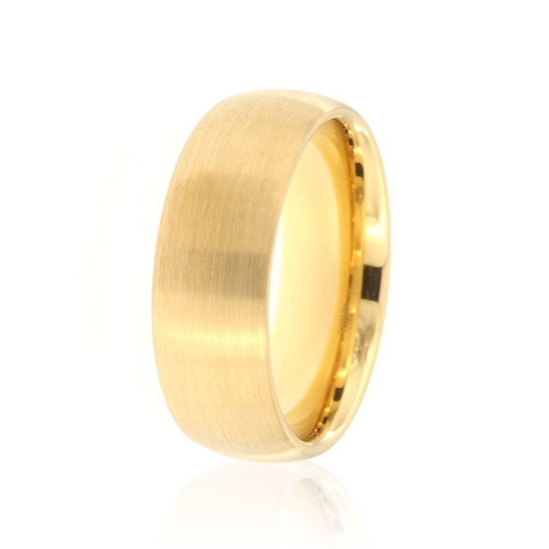 8mm wide tungsten ring with a yellow gold finish