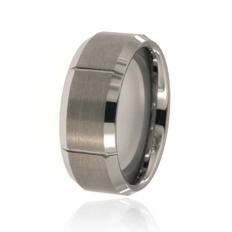9mm wide tungsten ring with a matte finish, vertical grooves, and beveled edges