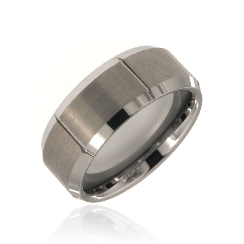 9mm wide tungsten ring with a matte finish, vertical grooves, and beveled edges