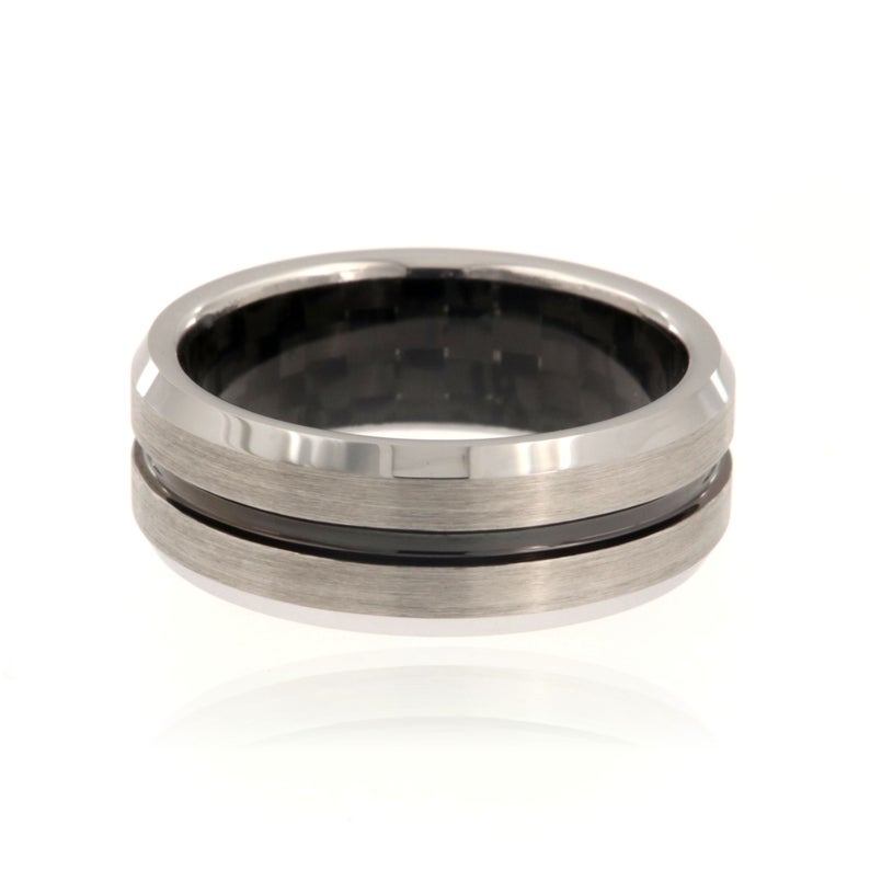 8mm wide tungsten ring with a black center inlay and a black carbon fiber sleeve