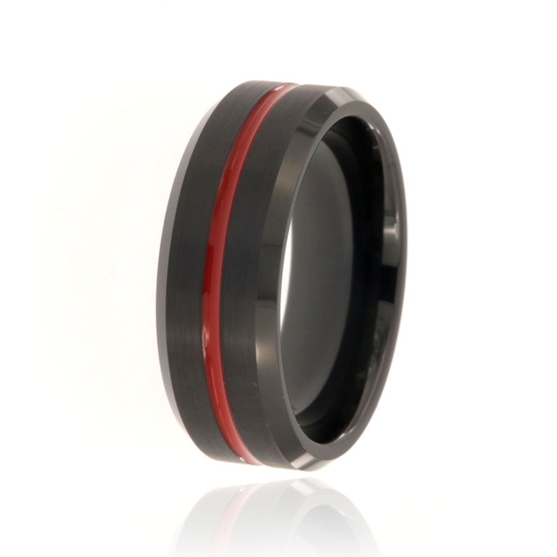 8mm wide black tungsten ring with a center red inlay